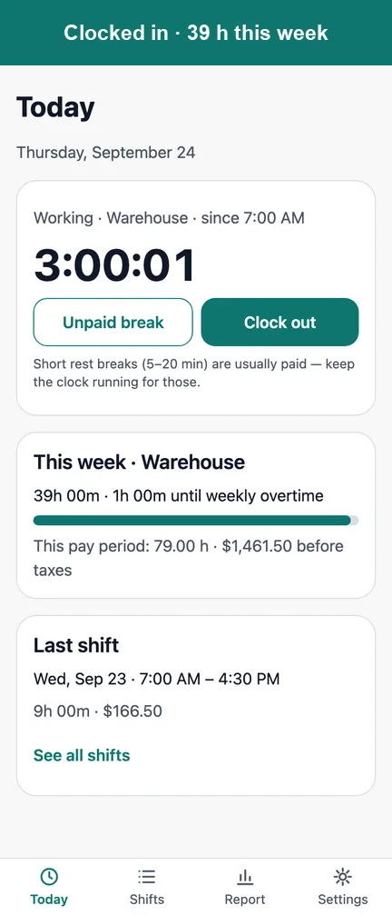 HoursOwed: clock in, unpaid break, overtime after 40 hours, pay period report