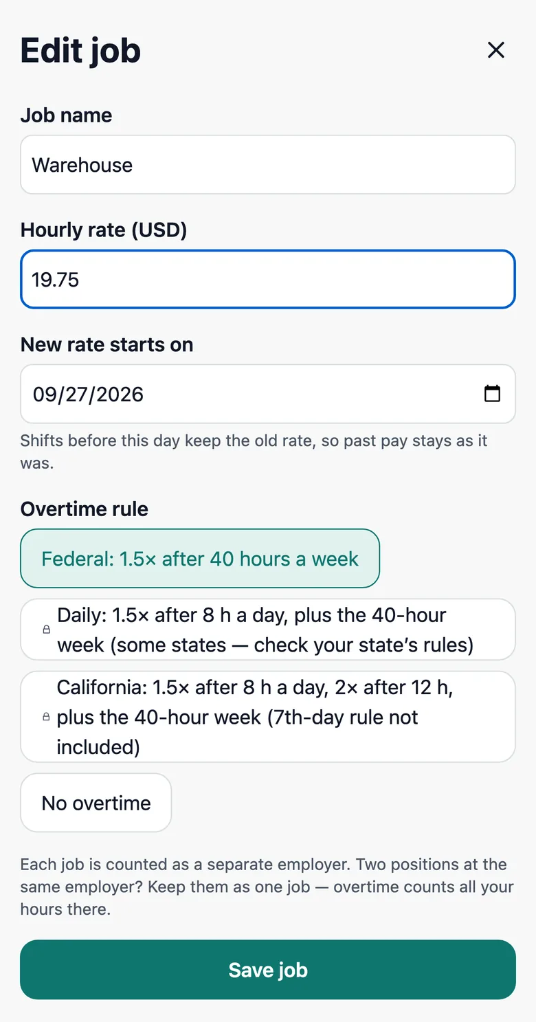 Edit job screen: new hourly rate 19.75 starting 09/27/2026, overtime rule options federal, daily and California