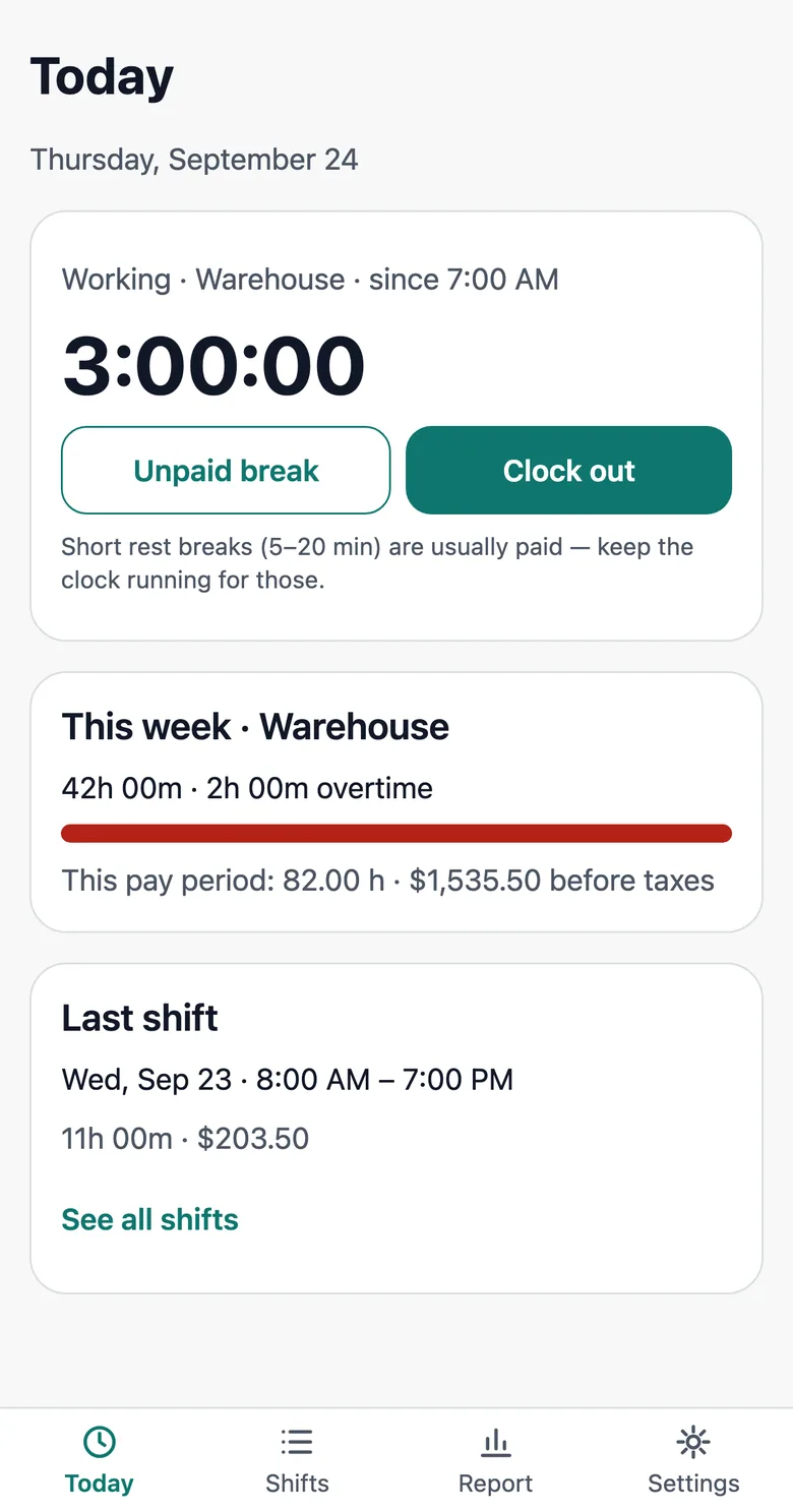 Today screen: working at Warehouse since 7:00 AM, timer at 3 hours, Unpaid break and Clock out buttons; this week 42 hours with 2 hours overtime