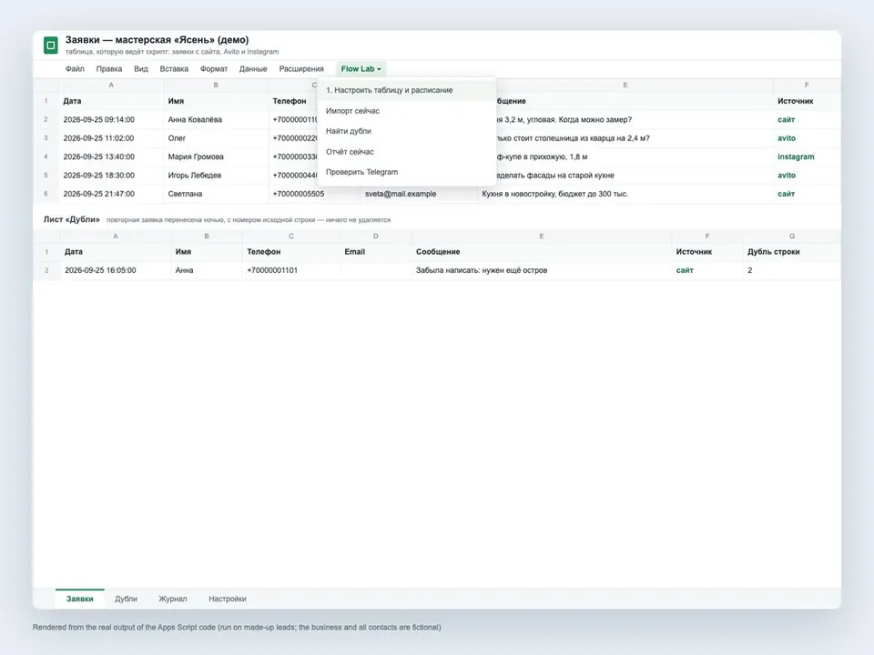 Снимок экрана: заявки в Google Sheets, оповещения в Telegram и утренний отчёт
