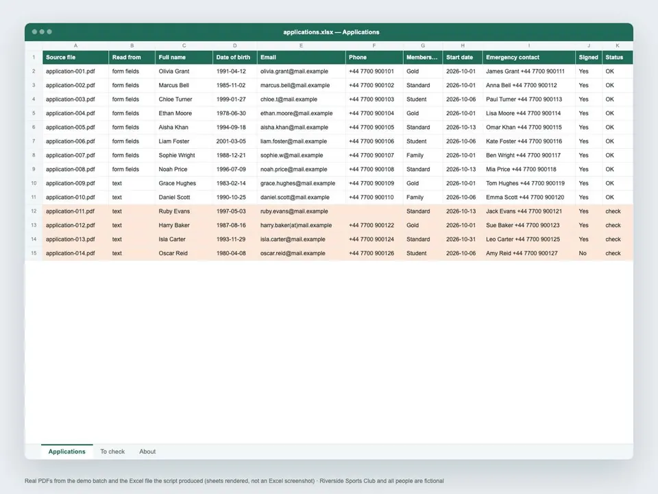Снимок экрана: набор PDF-форм в одну таблицу Excel — с проверкой