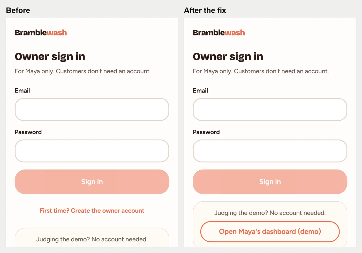 Before, the owner sign-in page offered “Create the owner account” to anyone. After the fix the link is gone, and the owner role can no longer be claimed from the public page.