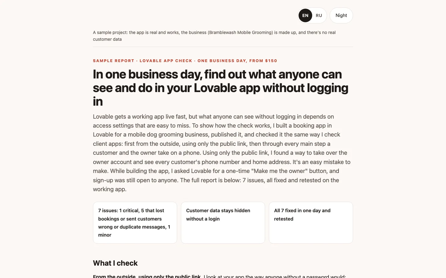 Screenshot: A one-day check found 7 issues, including a way for anyone to become the owner and see every customer