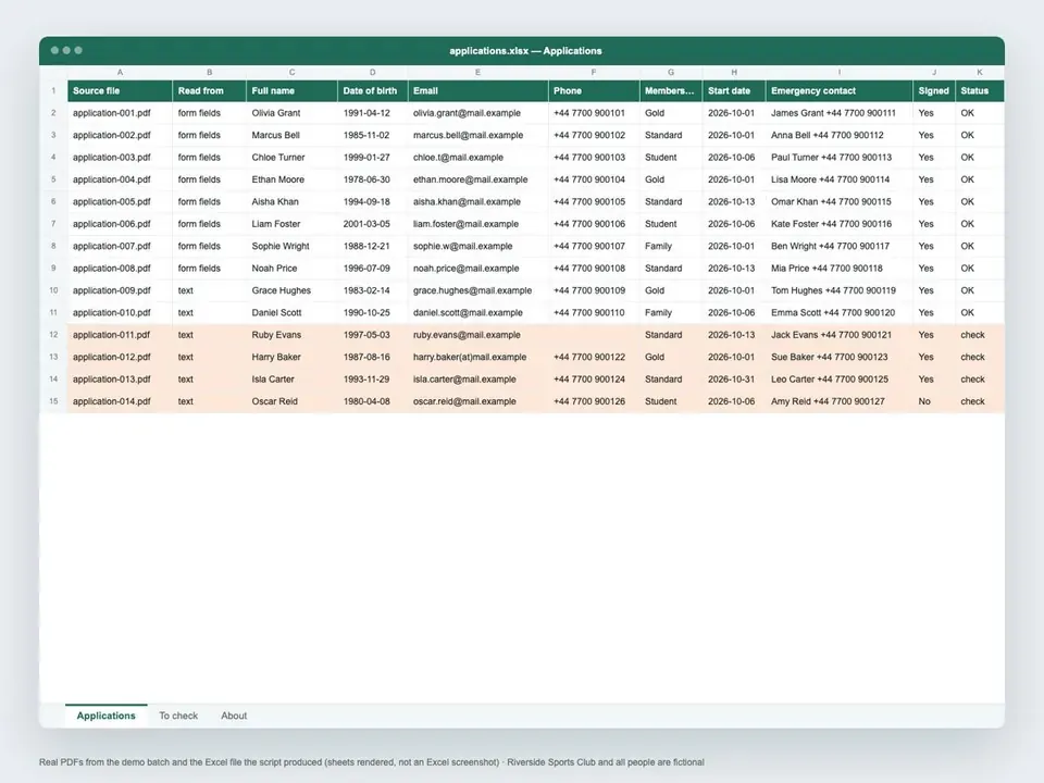 Снимок экрана: пачка PDF-форм в одну таблицу Excel — с проверкой