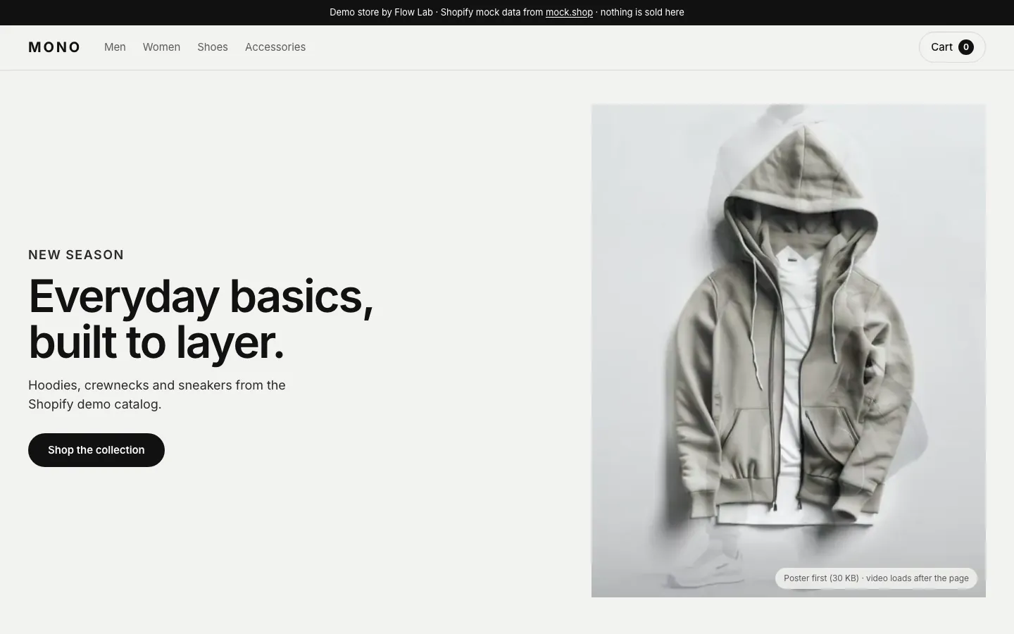 Screenshot: A Shopify storefront with a video hero that stays fast on a phone