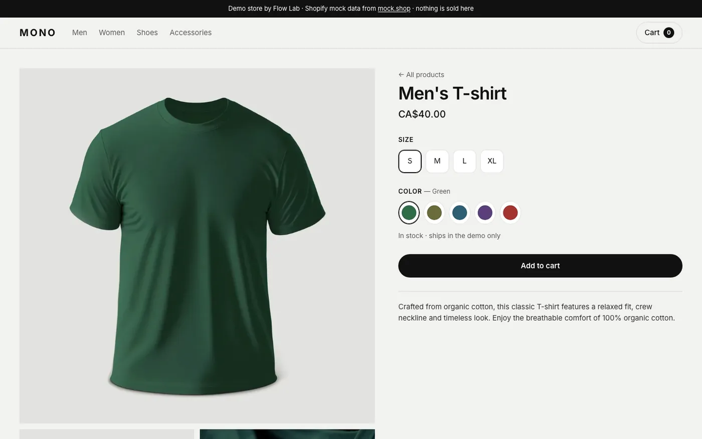 A product page with sizes and colours from Shopify demo data. Add to cart opens the cart drawer.