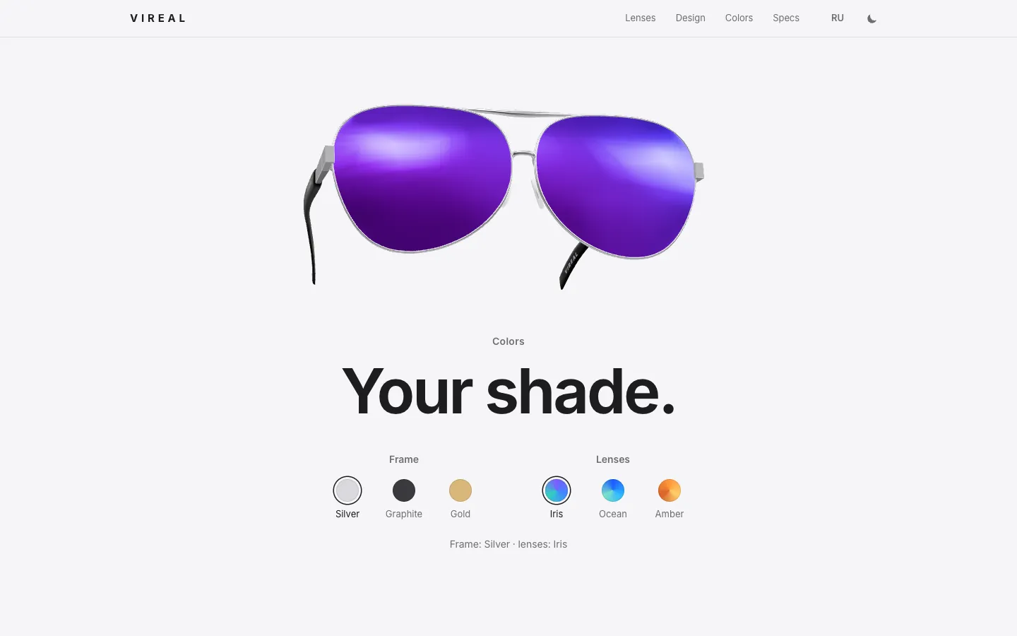 Frame and lens colours are applied to the 3D model as you click.